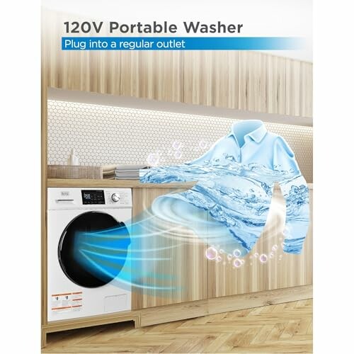 120V portable washer in modern kitchen with a shirt illustration.