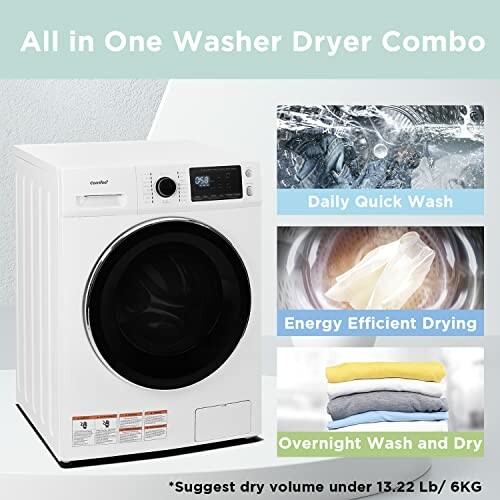 All in one washer dryer combo with features: Daily Quick Wash, Energy Efficient Drying, Overnight Wash and Dry.