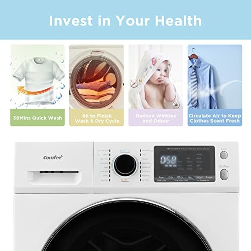 Comfee washing machine highlighting features like quick wash, wash and dry cycle, wrinkle reduction, and air circulation.