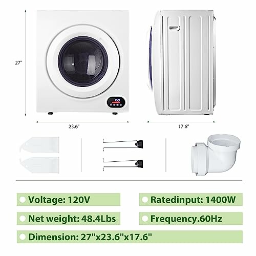 Specifications of a compact dryer including dimensions, voltage, and weight.