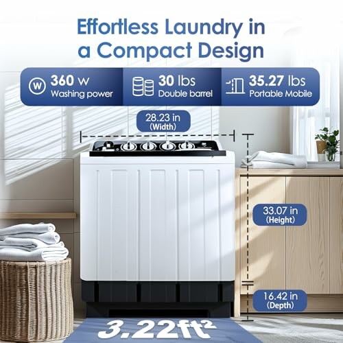 Compact laundry machine with dimensions and features displayed.