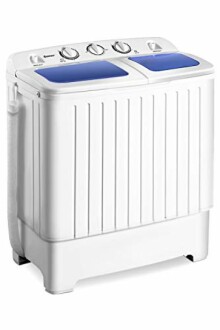 Compact portable washing machine with dual top loading compartments and control knobs.