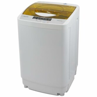 Compact top-load washing machine with yellow lid