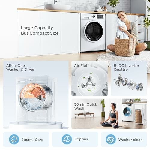 Compact washer and dryer features with woman in laundry room.