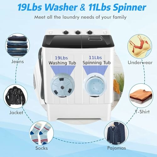 Compact washer with 19 lbs washing tub and 11 lbs spinning tub, surrounded by laundry items like jeans, jacket, socks, underwear, t-shirt, and pajamas.