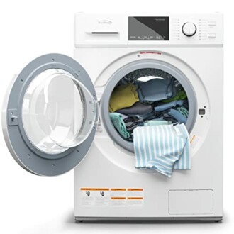 Front-load washing machine with open door and clothes inside.