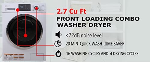 Front loading combo washer dryer with features listed.