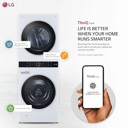 LG ThinQ Care smart washer and dryer with app integration.