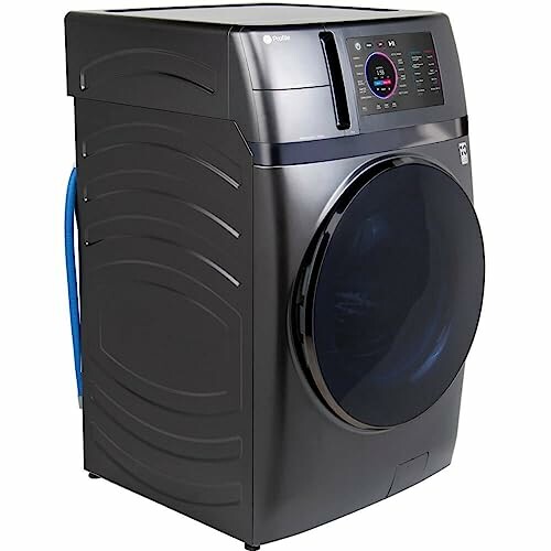 Modern front-load washing machine with digital display.