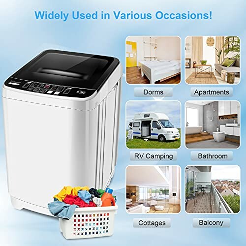 Portable washing machine used in dorms, apartments, RV camping, bathroom, cottages, and balcony.