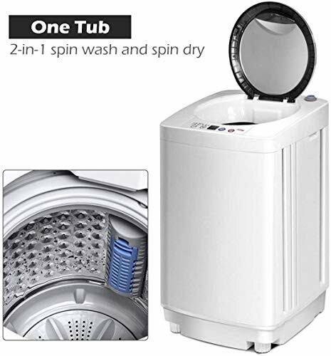 Portable washing machine with open lid and interior view.