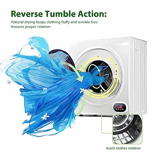 Dryer demonstrating reverse tumble action with clothes inside.