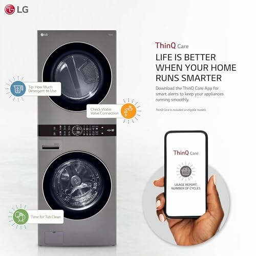 Stacked smart washer and dryer with ThinQ Care app integration.