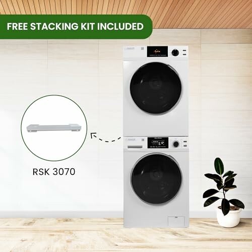 Stackable washer and dryer with free stacking kit included.