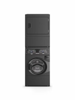 Stacked washer and dryer unit in black.