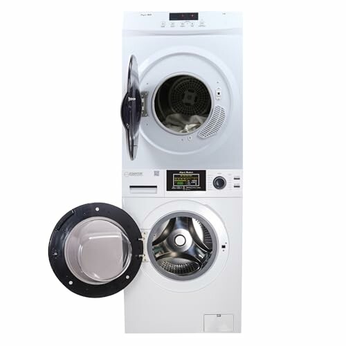 Stacked washer and dryer with open doors