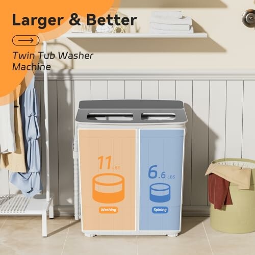 Twin tub washer machine with dual compartments for washing and spinning.