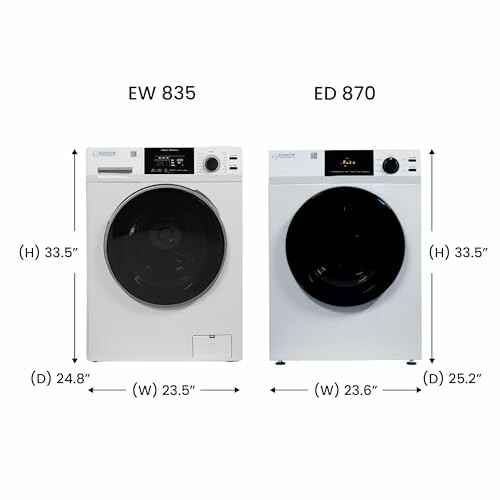 Comparison of two washing machines, EW 835 and ED 870, with dimensions.