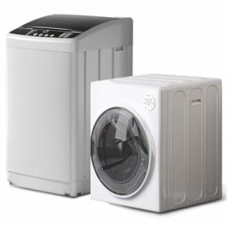 Front-loading dryer and top-loading washing machine.