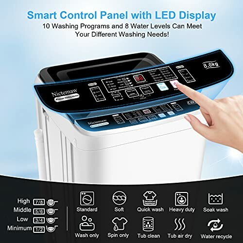 Smart control panel with LED display on a washing machine, showing various washing programs and water levels.