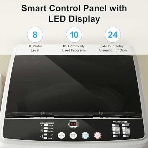 Washing machine control panel with LED display and settings.