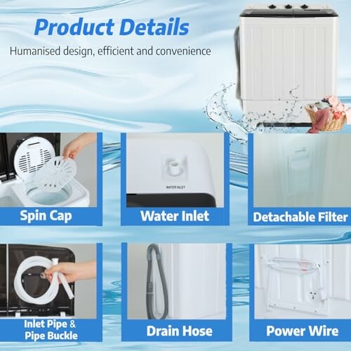 Washing machine features including spin cap, water inlet, detachable filter, inlet pipe with buckle, drain hose, and power wire.