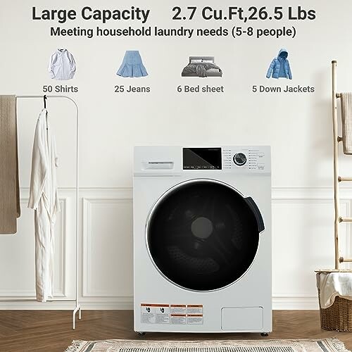 Large capacity washing machine with 2.7 Cu.Ft, 26.5 Lbs capacity, suitable for 5-8 people, with illustrations of 50 shirts, 25 jeans, 6 bed sheets, and 5 down jackets.