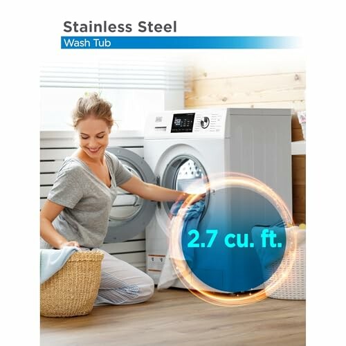 Woman loading clothes into a stainless steel washing machine with 2.7 cu. ft. capacity.